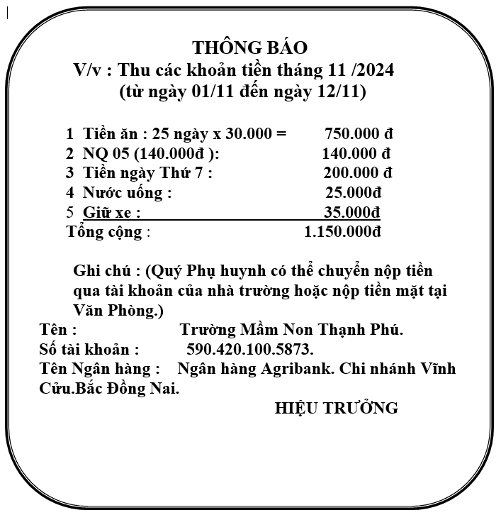 Thu các khoản tiền tháng 11 /2024